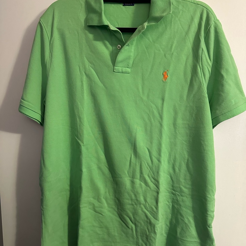 Polo Ralph Lauren Green Polo Shirt Orange Pony Classic Fit Size L